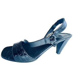 Brighton Rhodes Black Heels Sandal Woman’s 7 M Brass Side Ring Snakeskin Patent